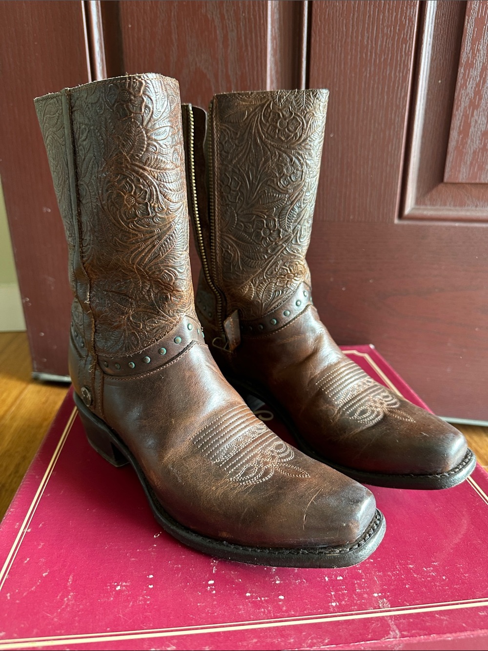 Brown Embossed Leather Western Boots for Women